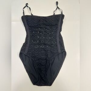 Coastal Zone Lace Balconette Black One-Piece Boho Swimsuit Size M